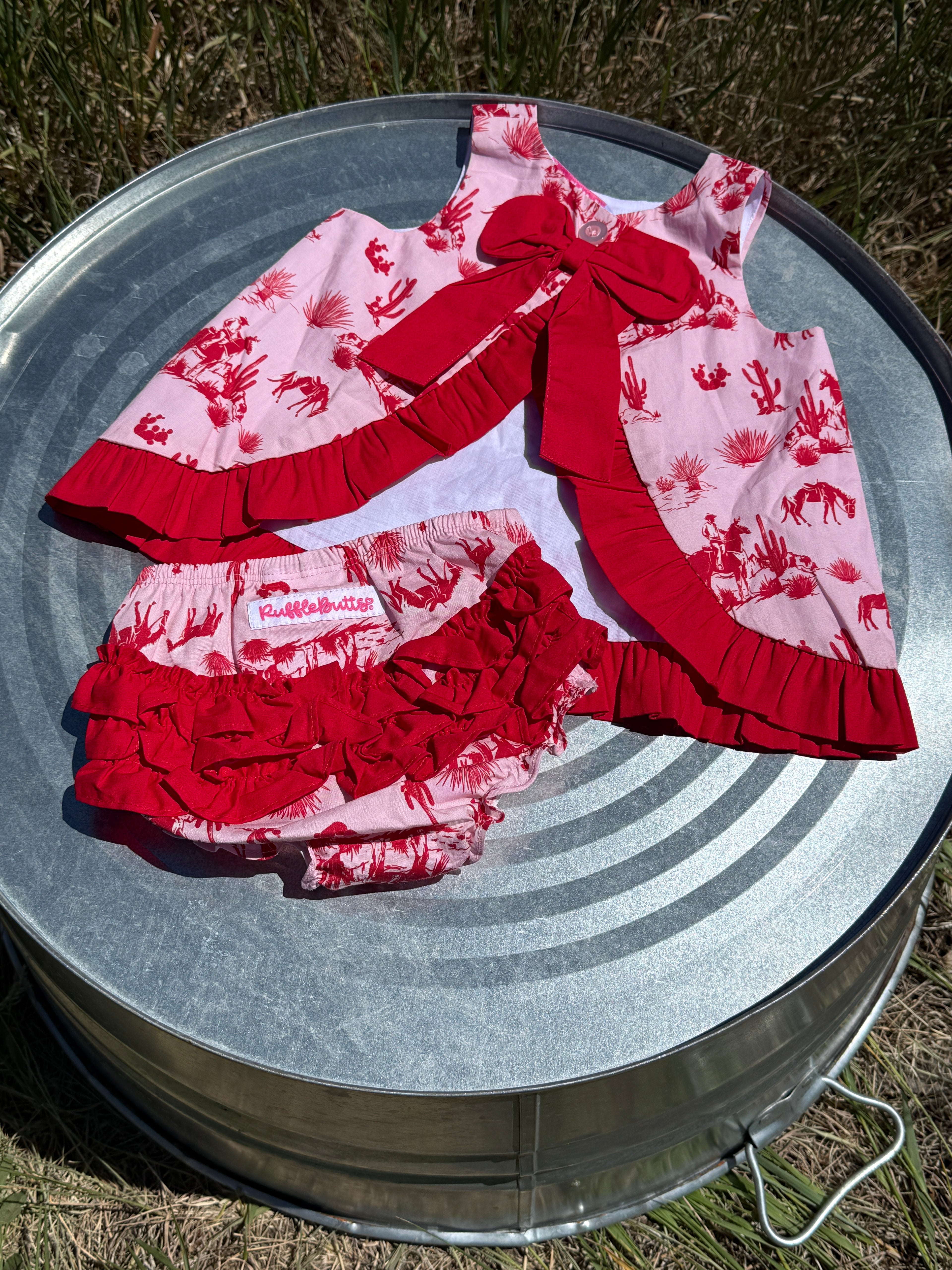 Pink Western Traile Toile Ruffle Swing Top & Bloomer Set