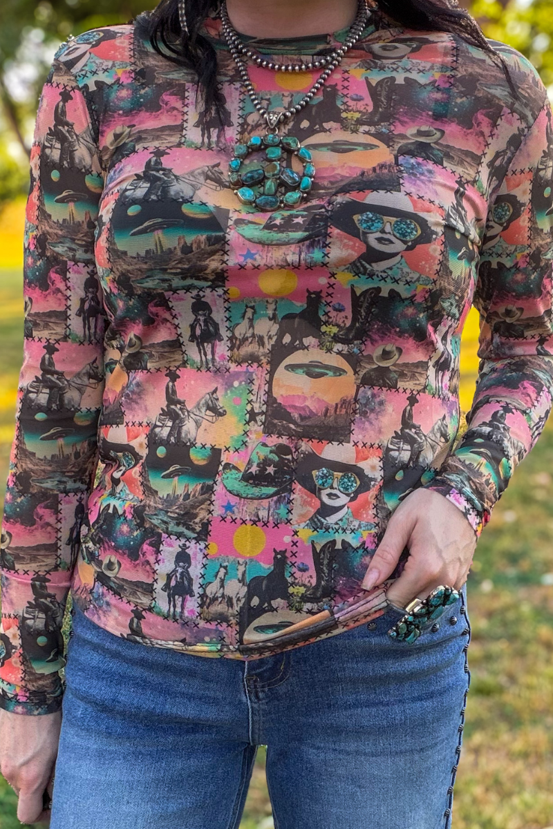 Cosmic Cowgirl Long Sleeve Mesh Top