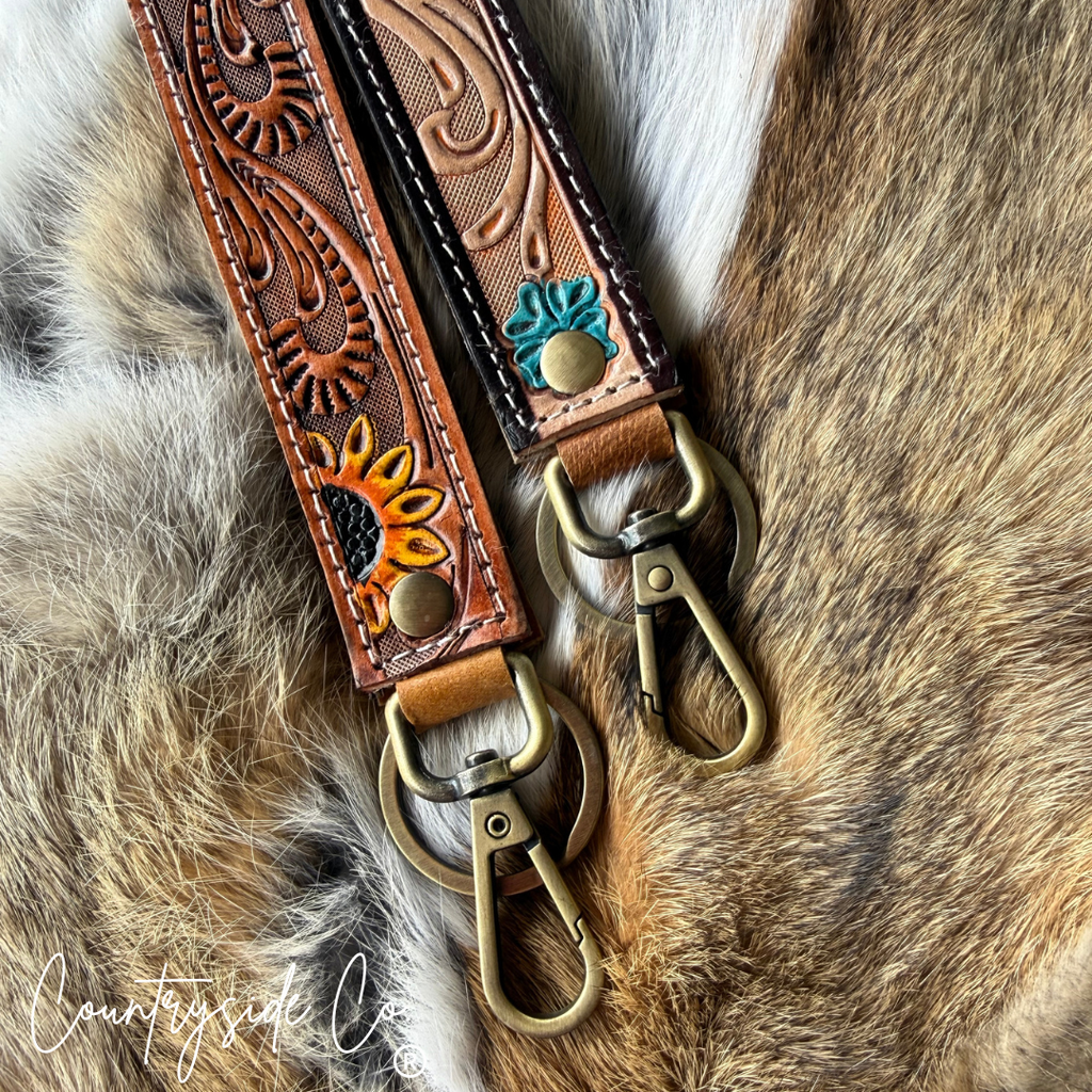 Flower Tooled Leather Keychain Wristlet