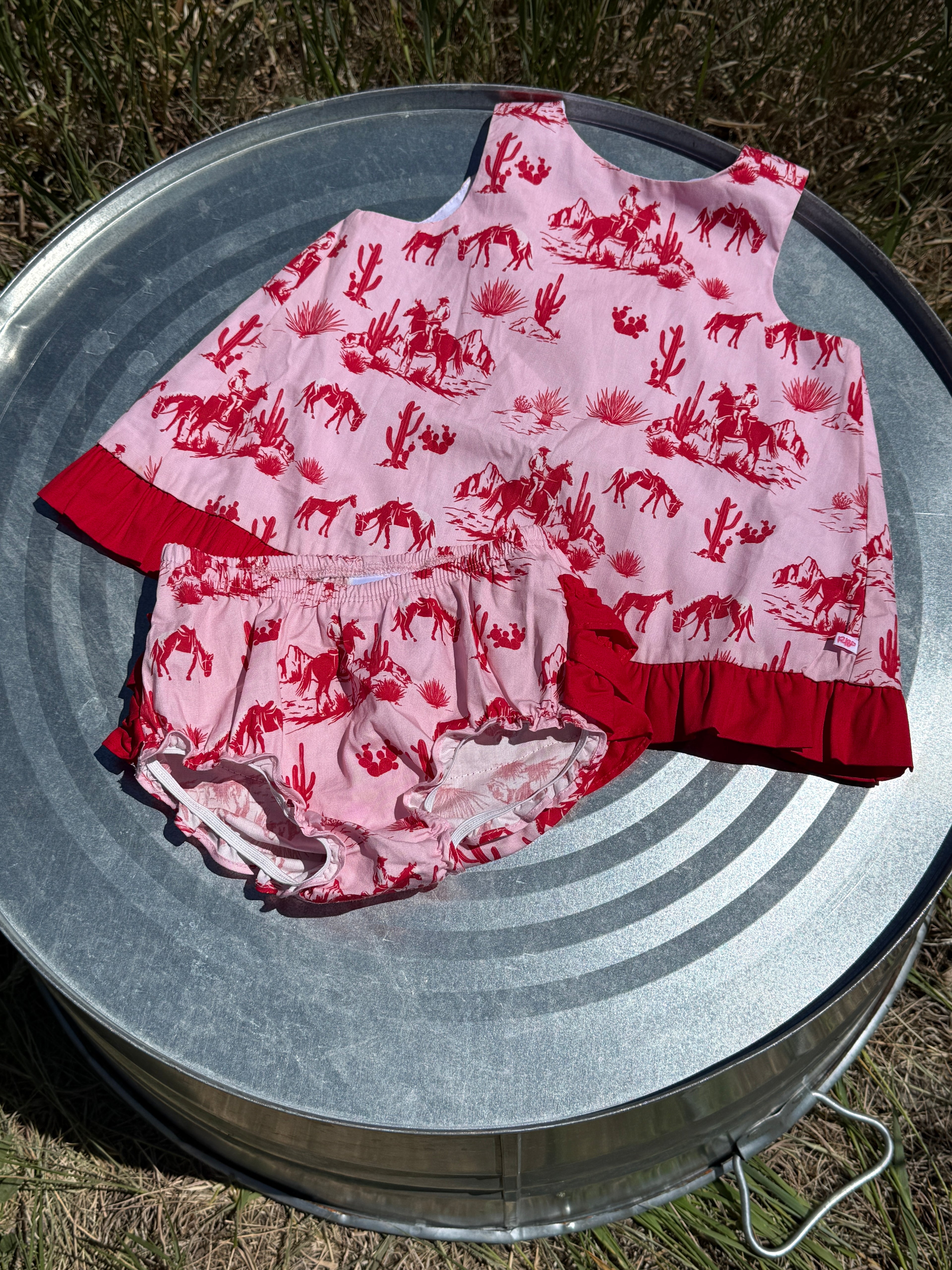Pink Western Traile Toile Ruffle Swing Top & Bloomer Set