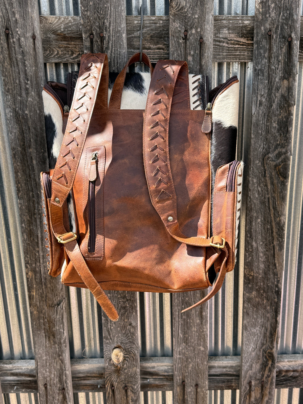 Genuine Western Cowhide Leather Backpack Diaper Bag