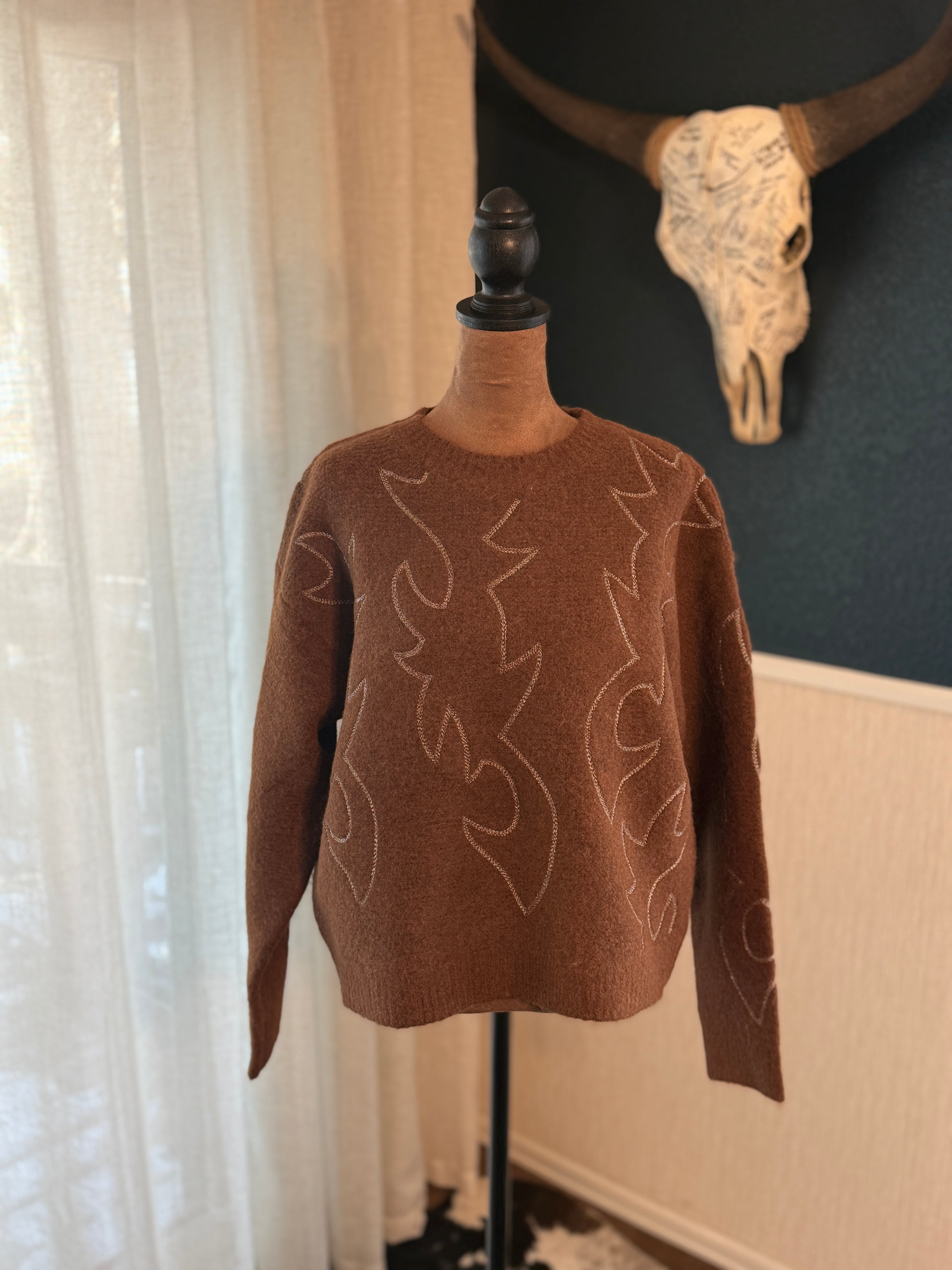Western Boots Stitch Pattern Crew Neck Sweater