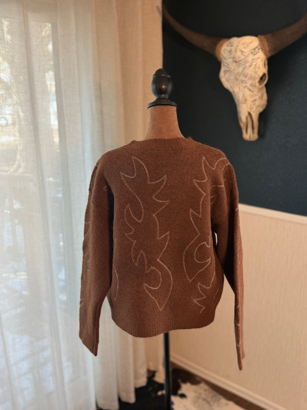 Western Boots Stitch Pattern Crew Neck Sweater
