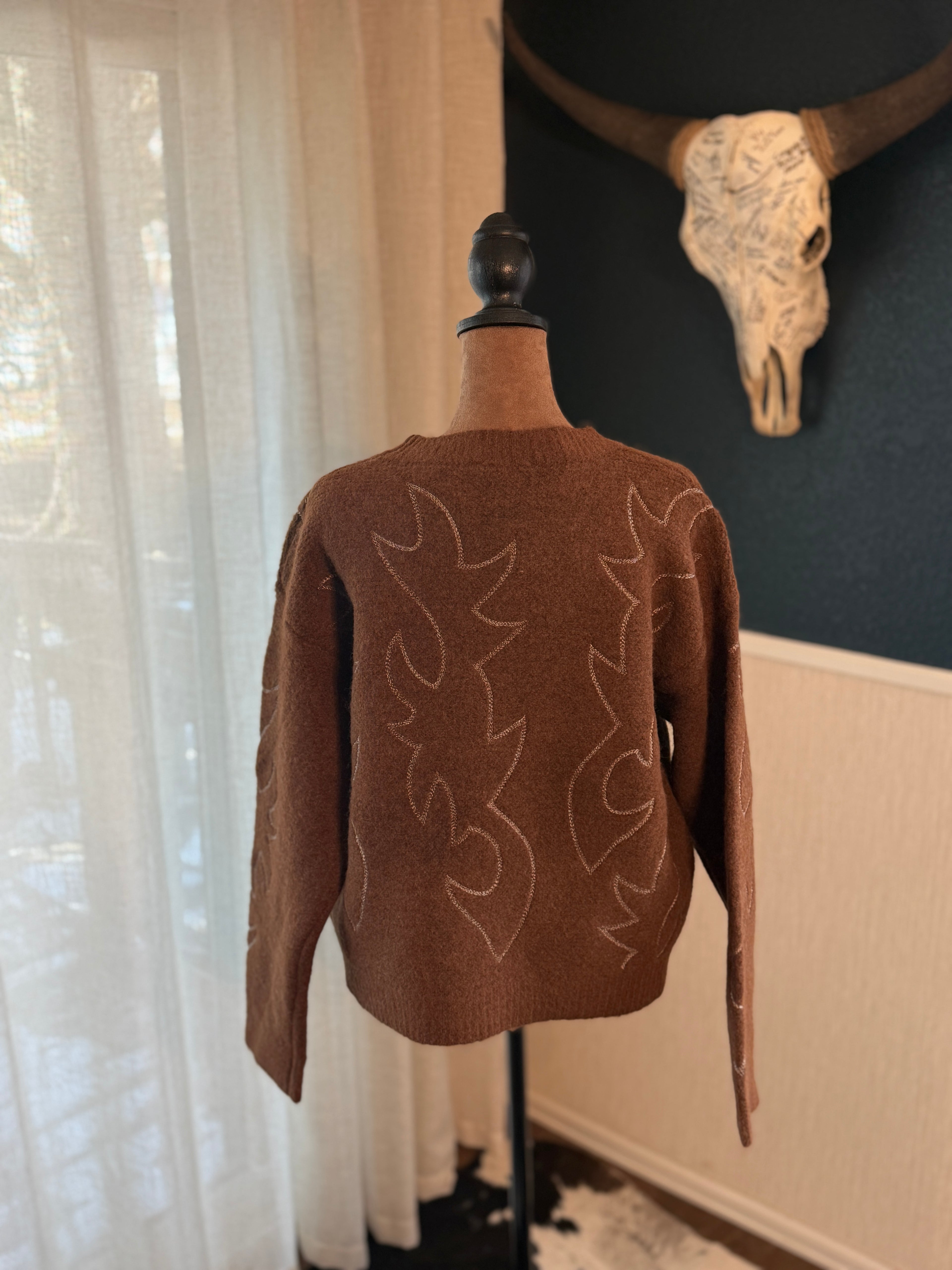 Western Boots Stitch Pattern Crew Neck Sweater