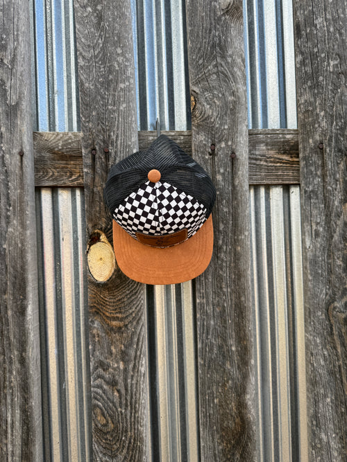 Children's Checker & Faux Suede Flat Brim Trucker Hat