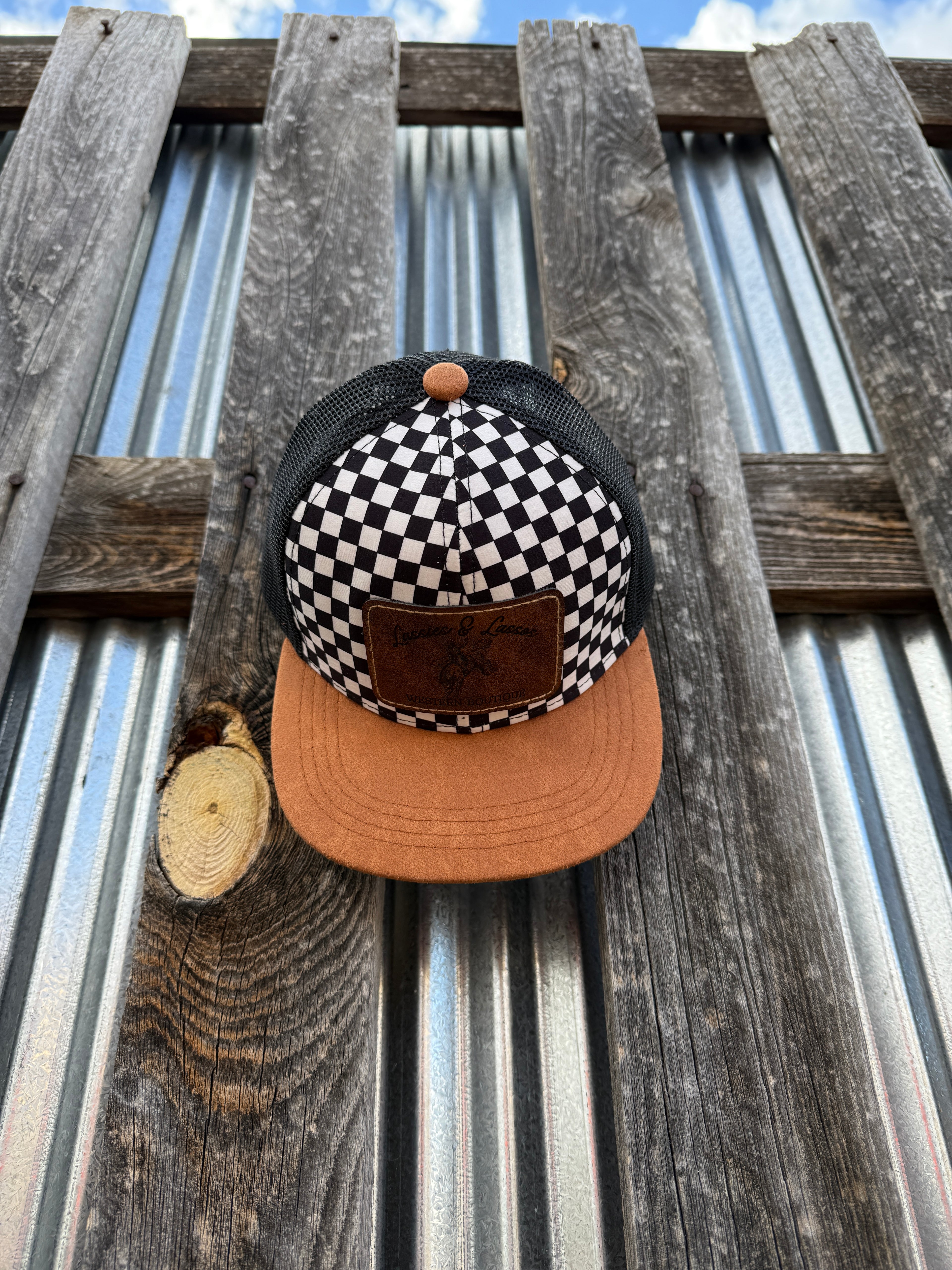 Children's Checker & Faux Suede Flat Brim Trucker Hat