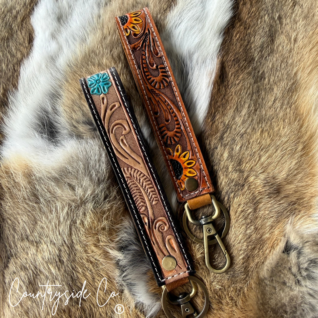 Flower Tooled Leather Keychain Wristlet